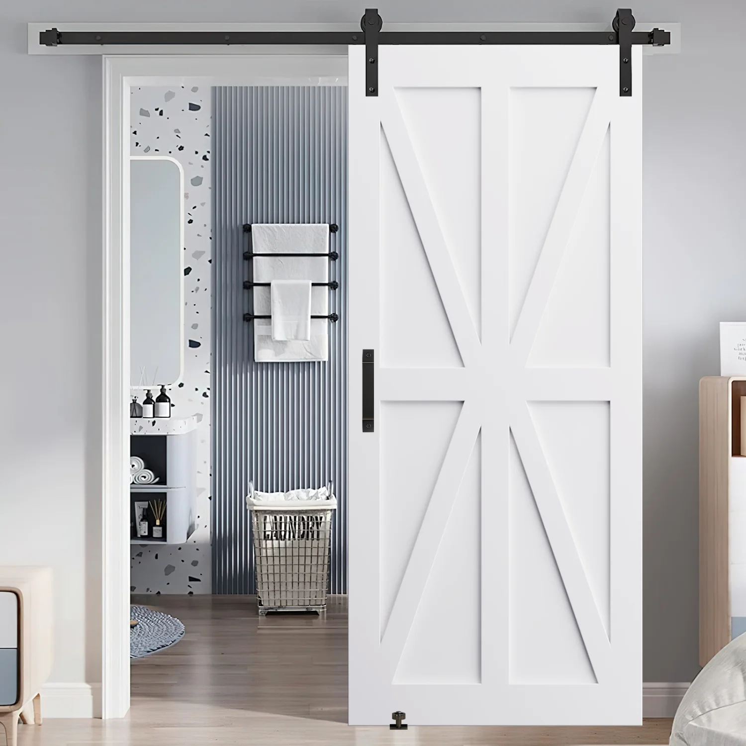 CRAZY ELF 28” x 84” Star Style Real Primed Door Slab + 6.6FT Barn Door Sliding Hardware + Adjustable Floor Guider + Pull Handle  DIY Unfinished Paneled Door  Modern Interior Barn Door  Mo