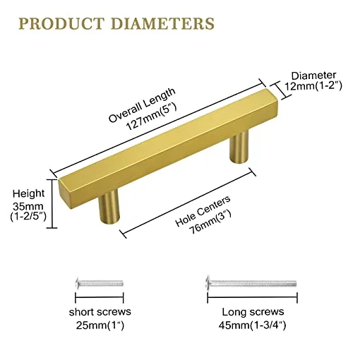 GOLDENTIMEHARDWARE 3 Inch Gold Cabinet Handles,30 Pack Brushed Brass Cabinet Pulls,Kitchen Handles for Cabinets and Drawers,Modern Square Gold Dresser Handles,5 Inch Overall Length