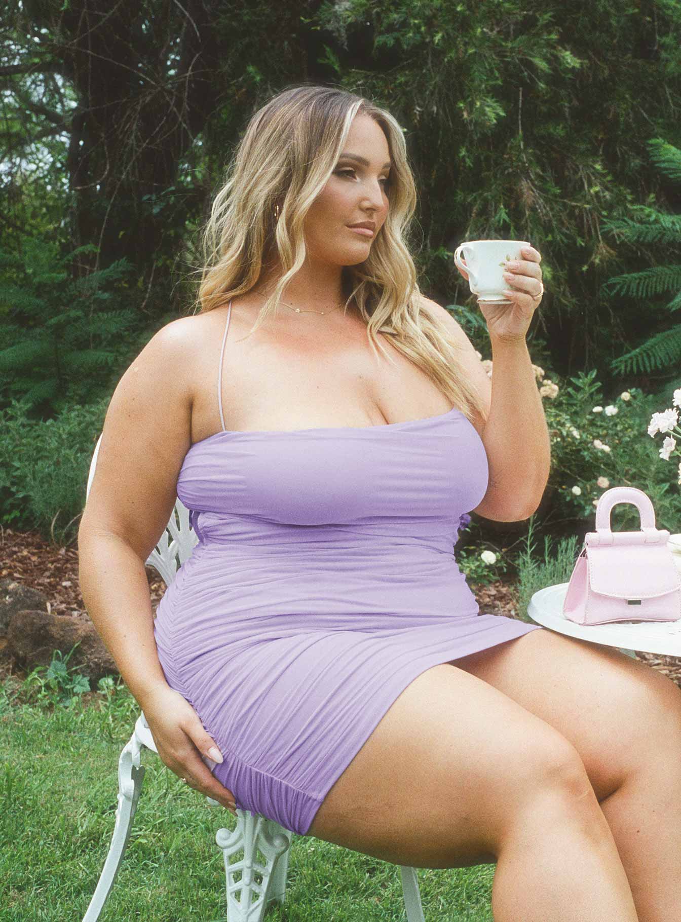 Hopeless Romantic Mesh Ruched Mini Dress Lilac Curve