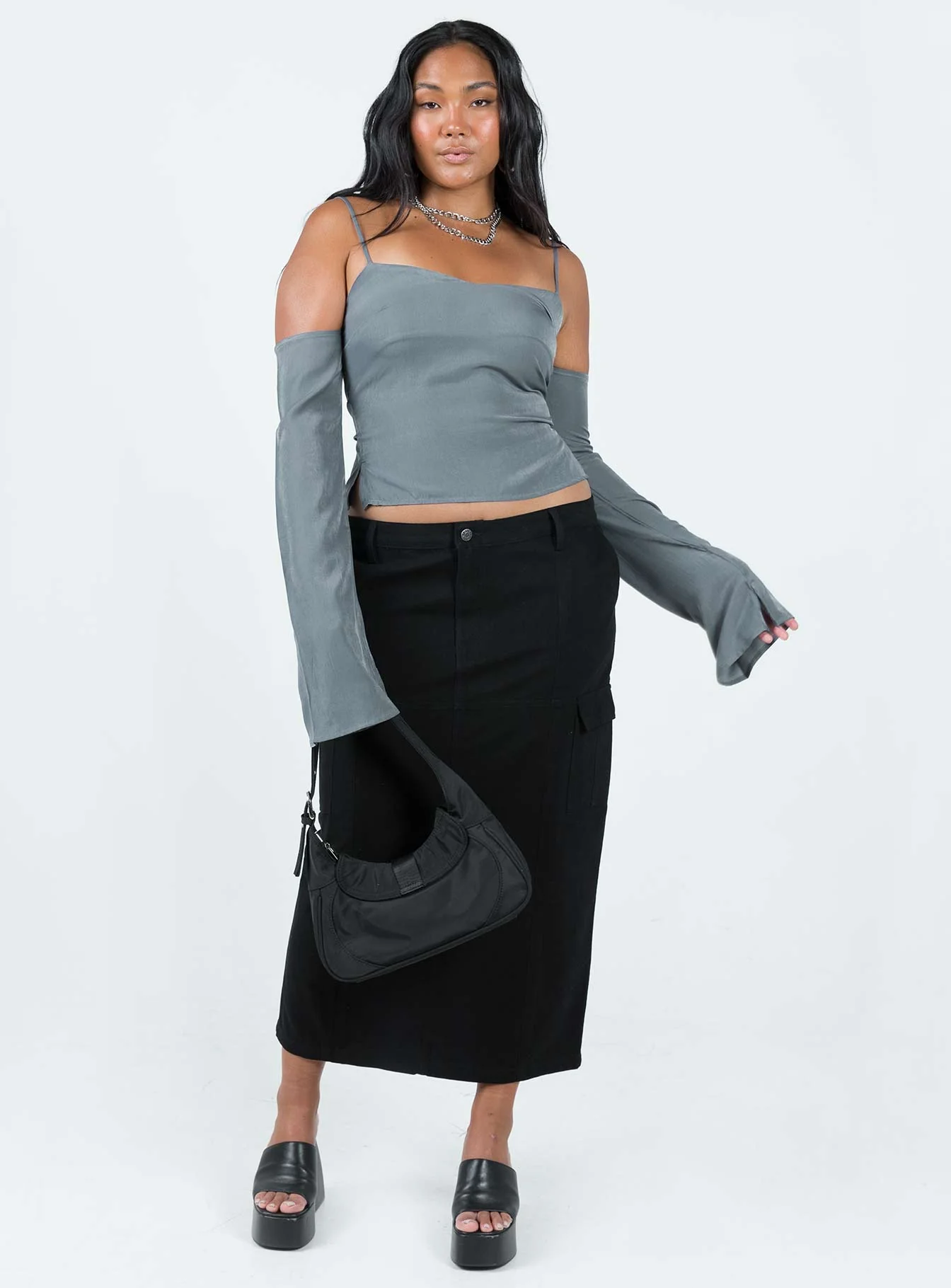 Cupro Cold Shoulder Top Slate