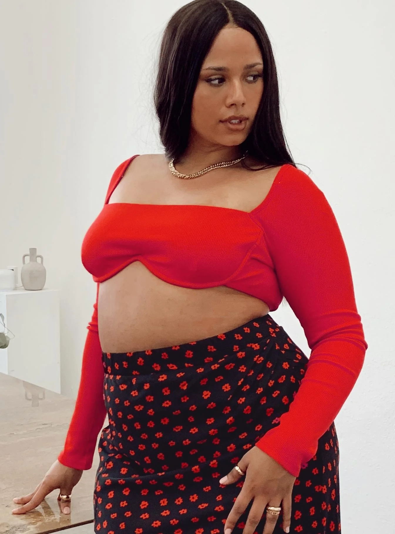 Becca Long Sleeve Crop Top Red Curve