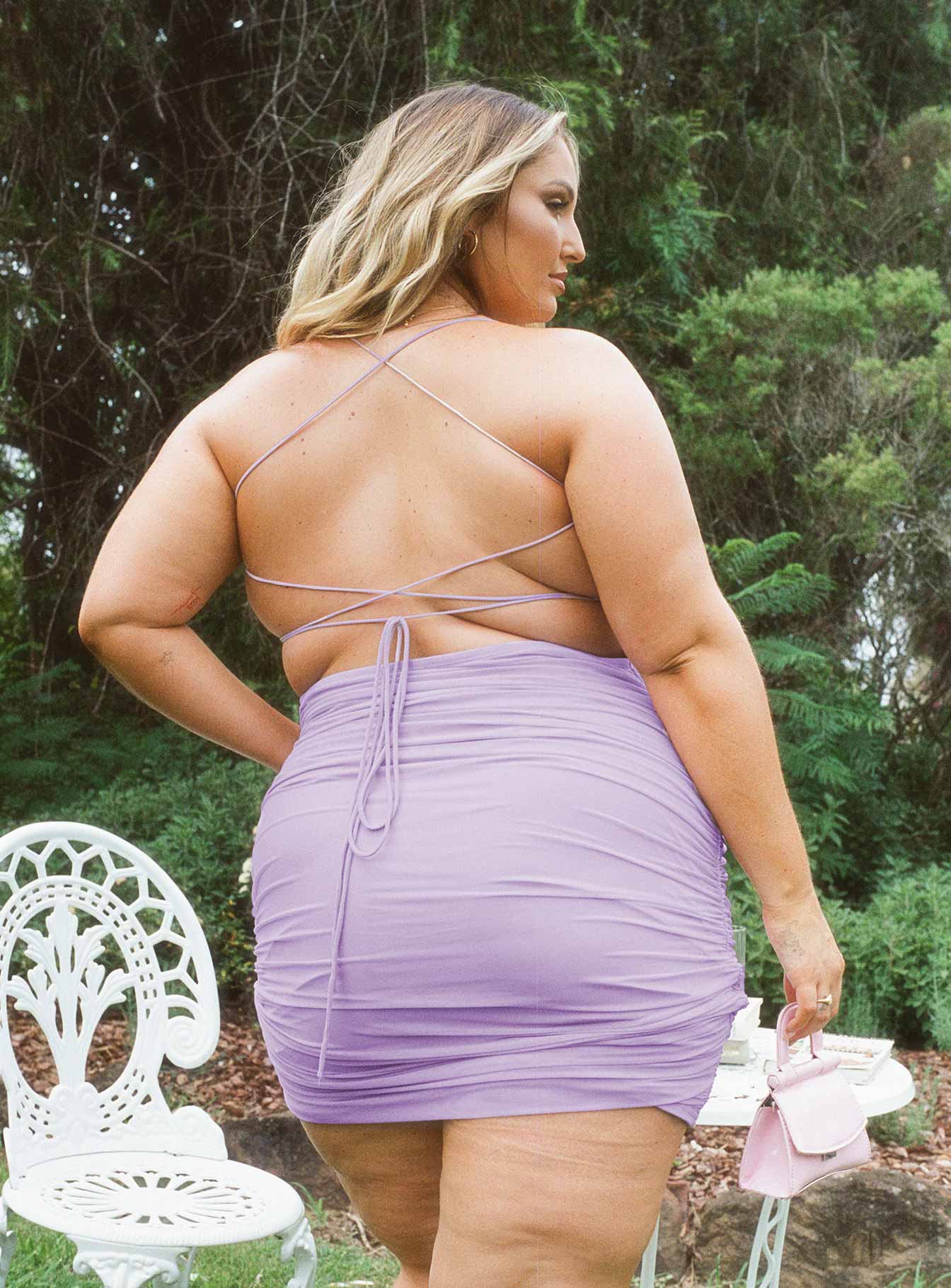 Hopeless Romantic Mesh Ruched Mini Dress Lilac Curve
