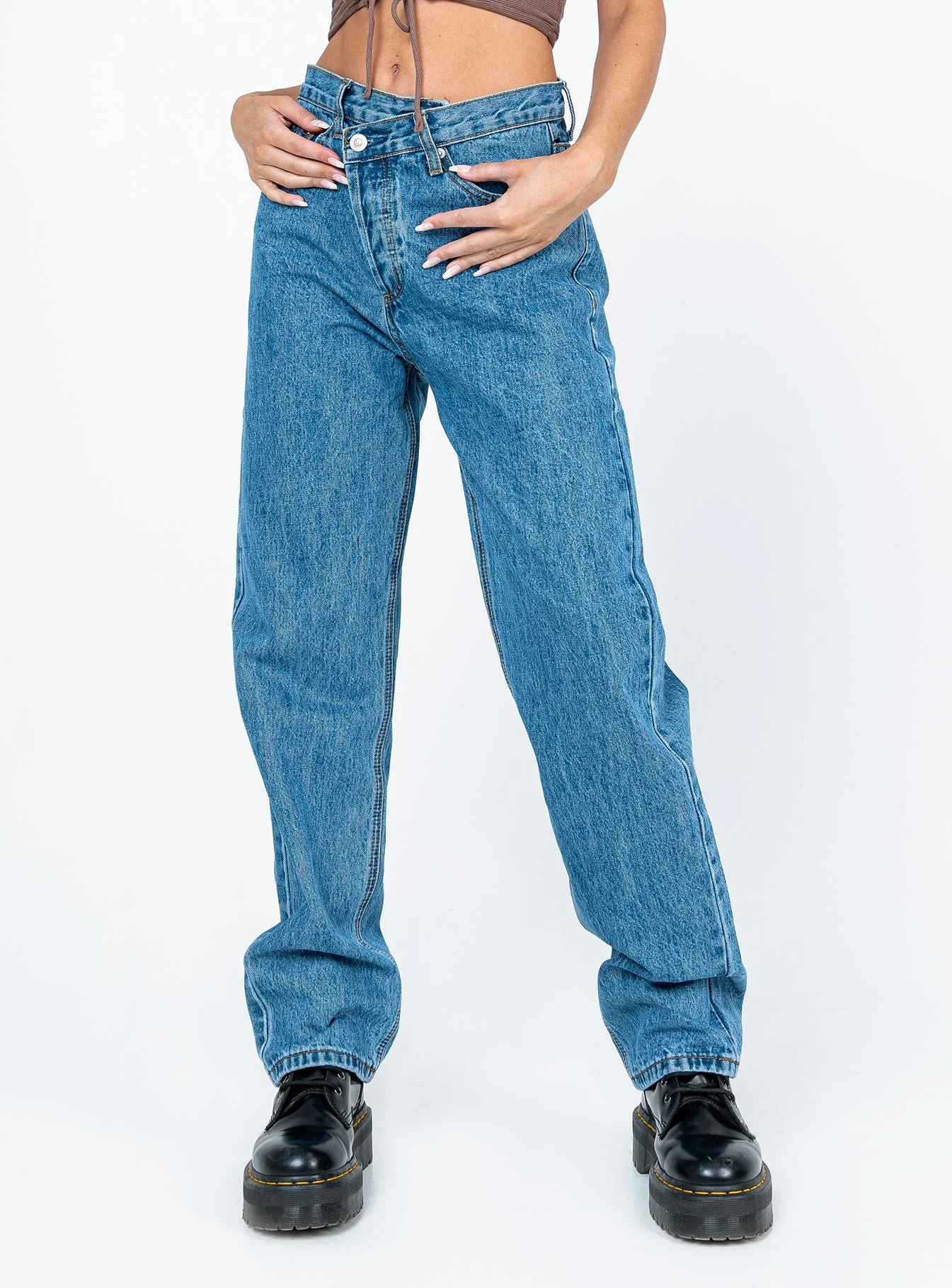 Holly Asymmetric Straight Leg Jean Mid Wash Denim