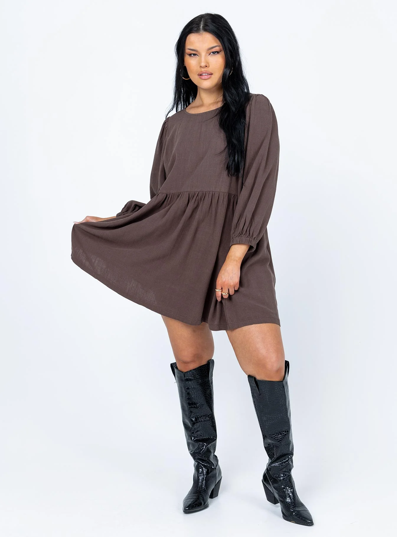 Mabel Long Sleeve Mini Dress Brown