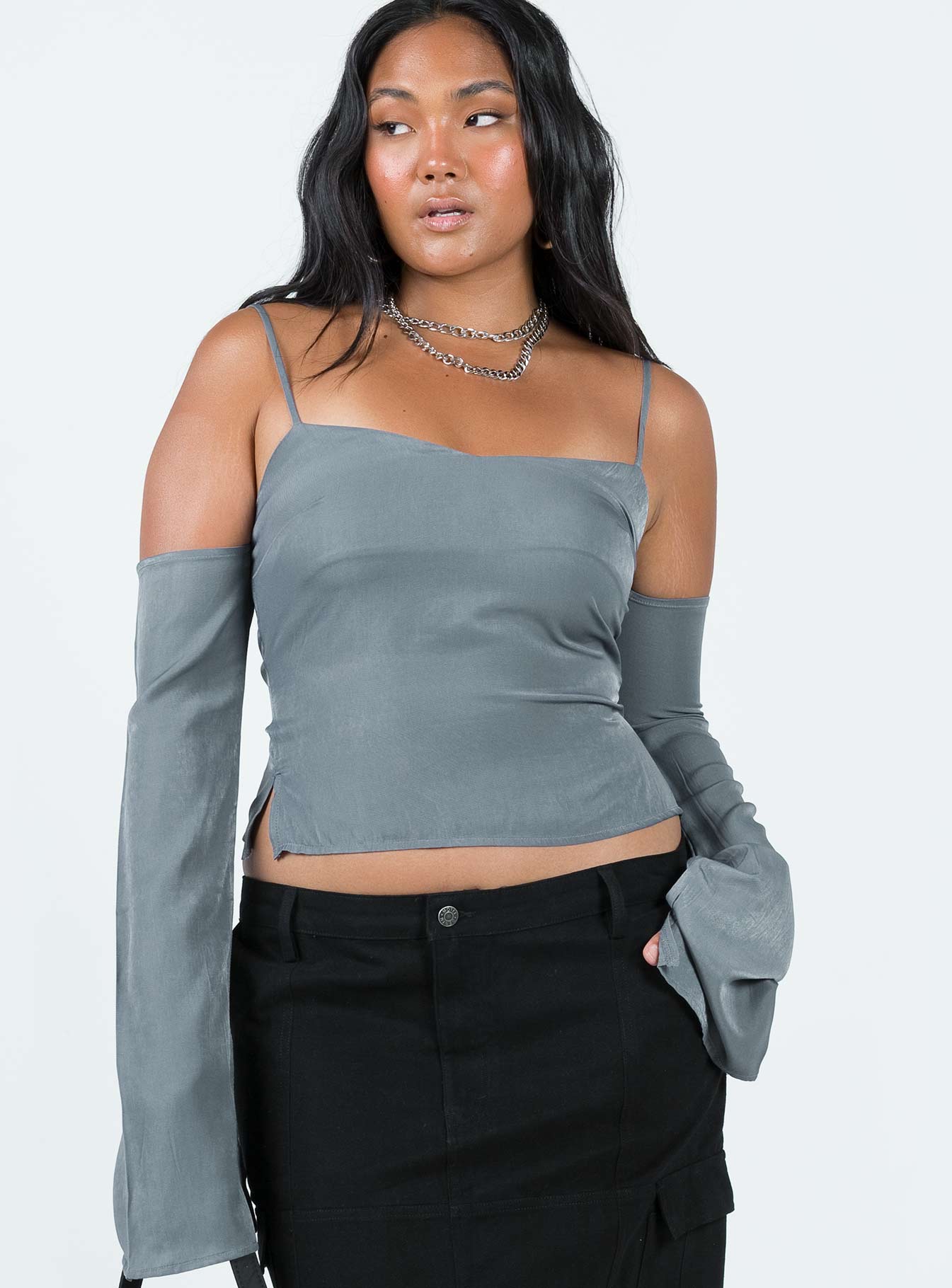 Cupro Cold Shoulder Top Slate