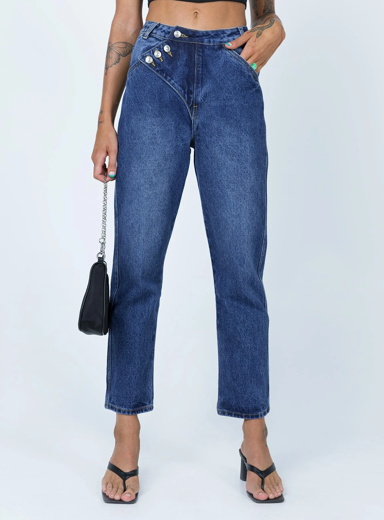 Asymmetric Exposed Button Fly Mid Wash Mom Jeans