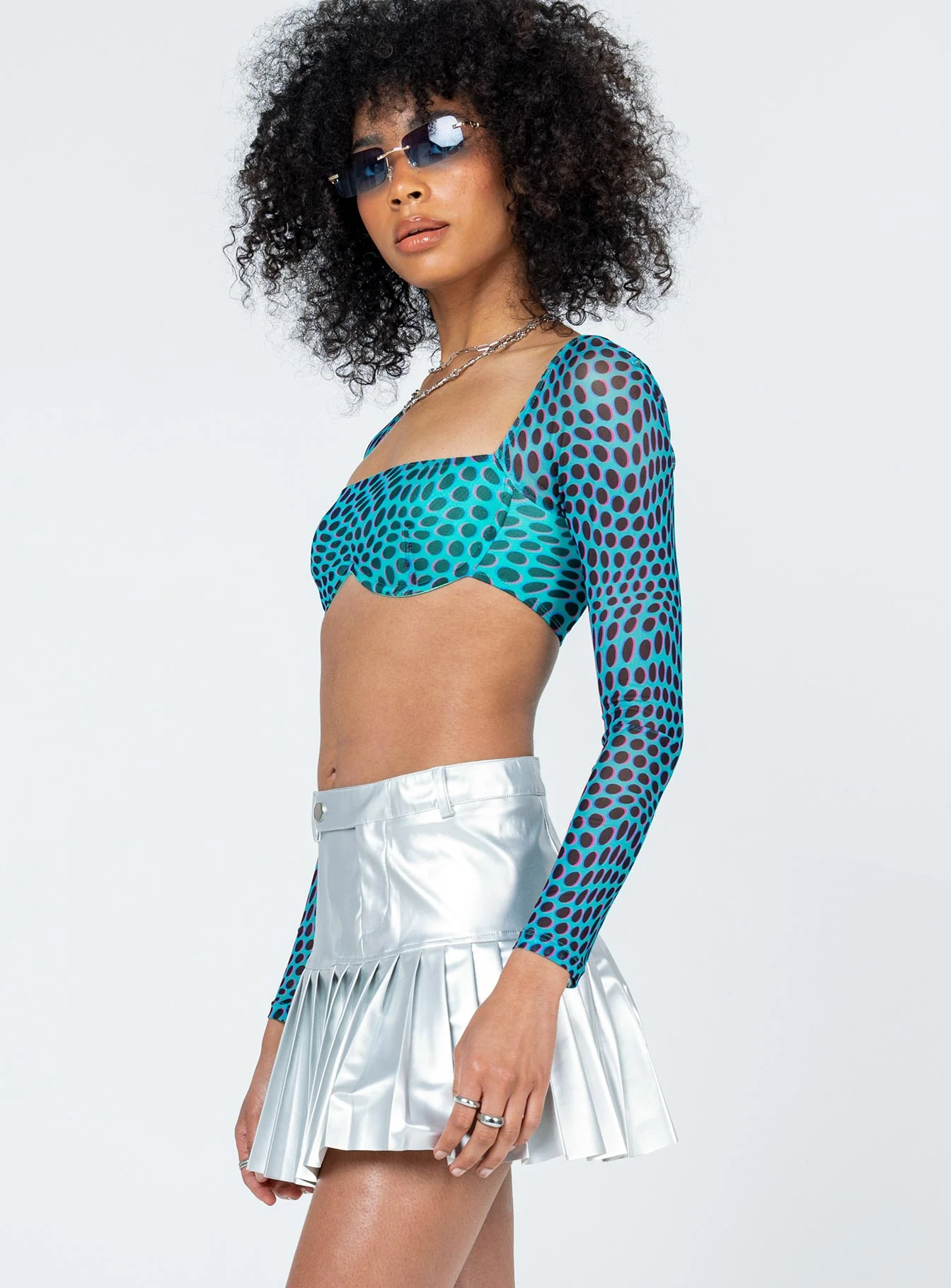 Cyan PU Mini Skirt Grey