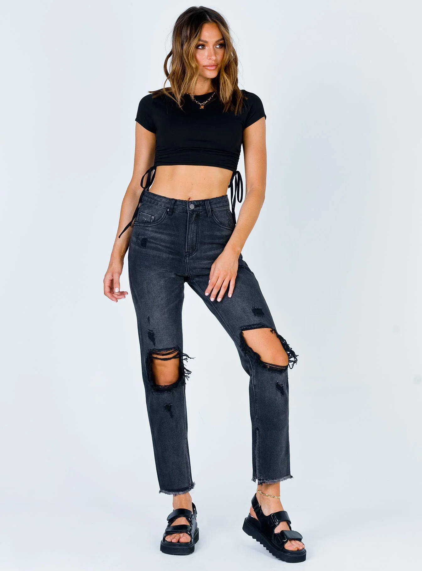 Erissa Knee Rip Jeans Washed Black Denim